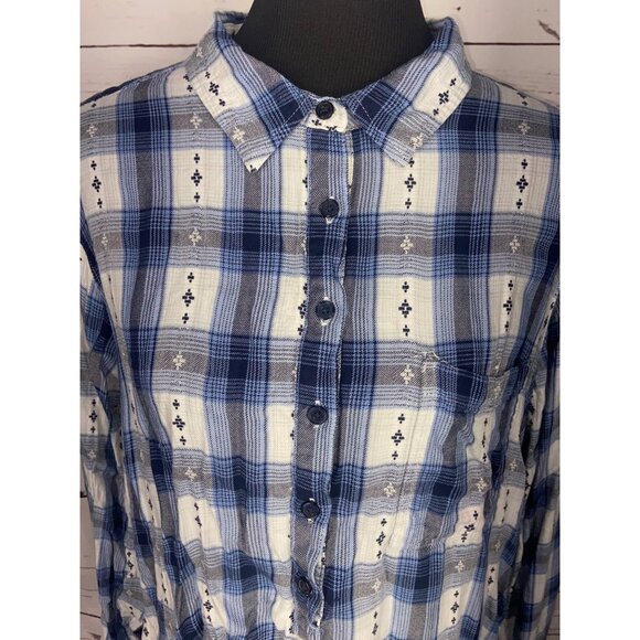 Cato Blue White Hi Low Plaid‎ Long Roll Tab Sleeve Comfy Coastal Grandma Popover - Picture 5 of 8